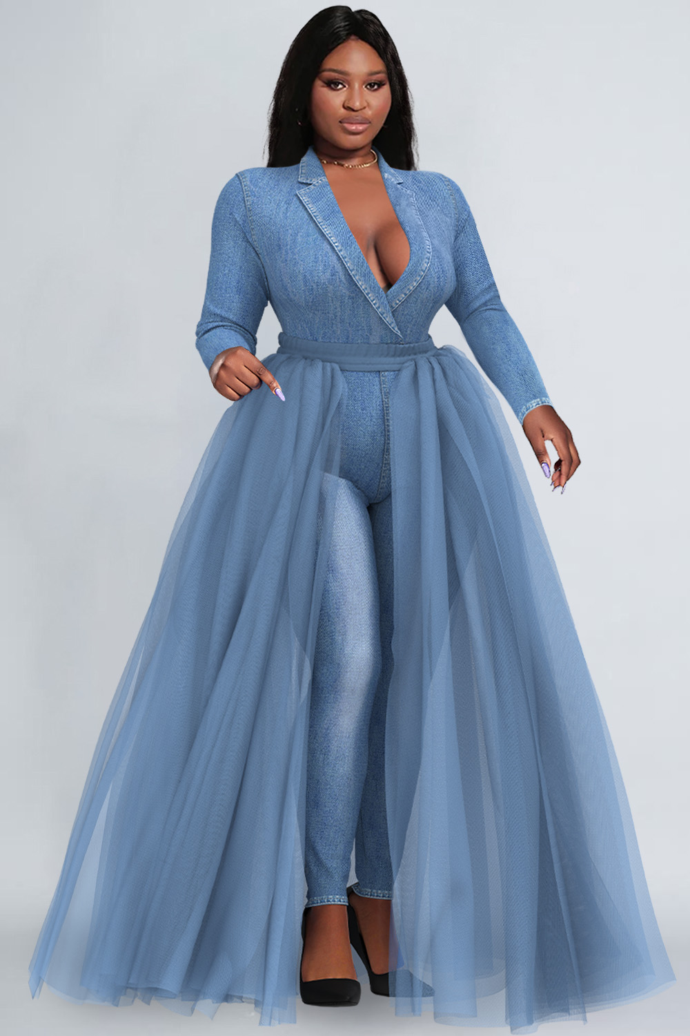 Design Plus Size Semi Formal Light Blue Turndown Collar Long Sleeve Contrast Denim Tulle Jumpsuits [Pre-Order]