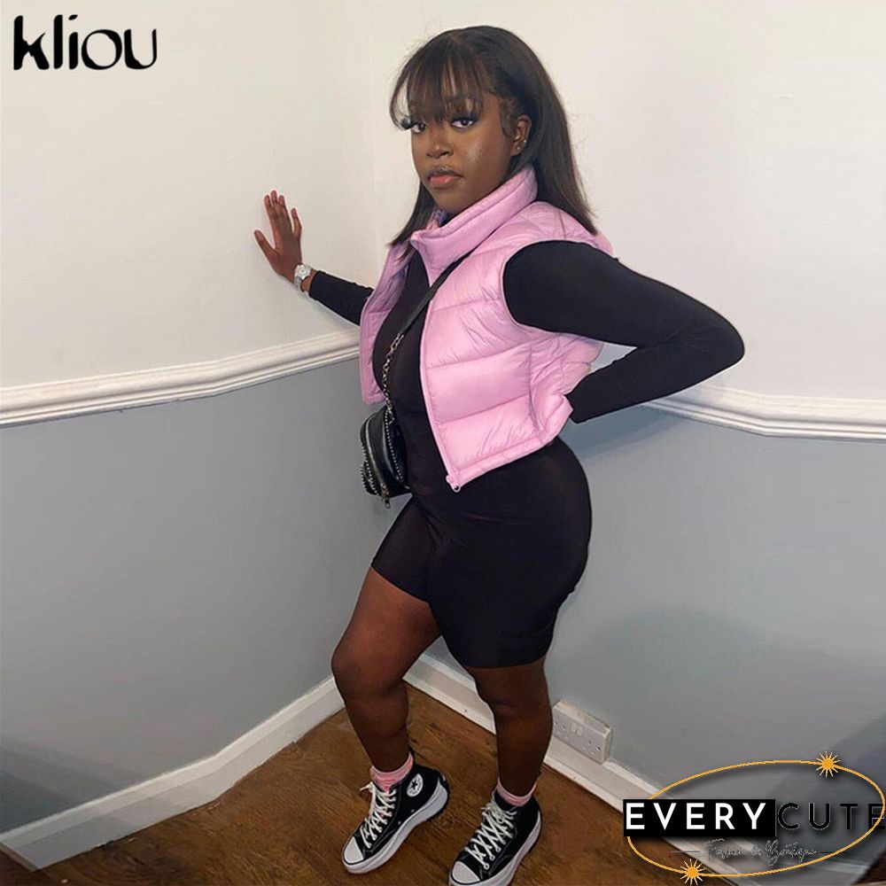 Kliou Solid Mercerized Cotton Tank Tops For Women Hipster Zipper Drawstring Sleeveless Vest Casual Streetwear Female Clothing