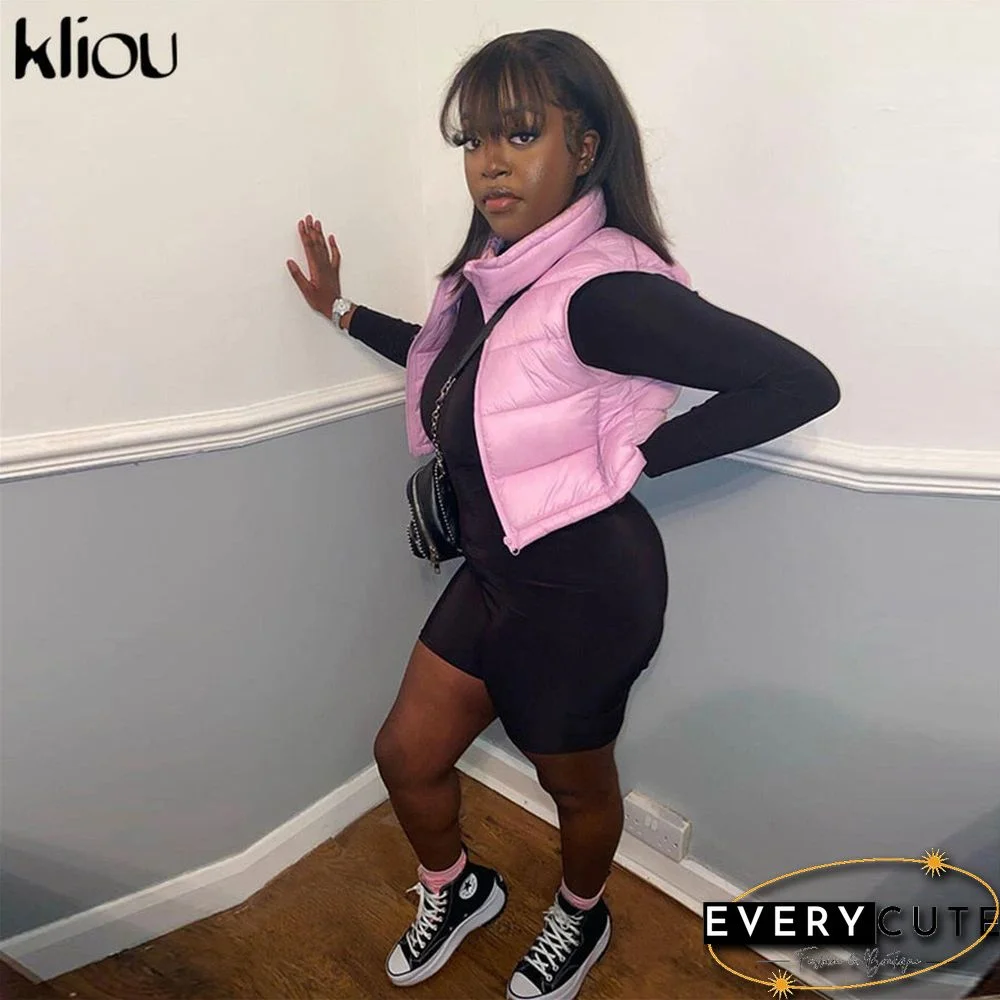 Kliou Solid Mercerized Cotton Tank Tops For Women Hipster Zipper Drawstring Sleeveless Vest Casual Streetwear Female Clothing