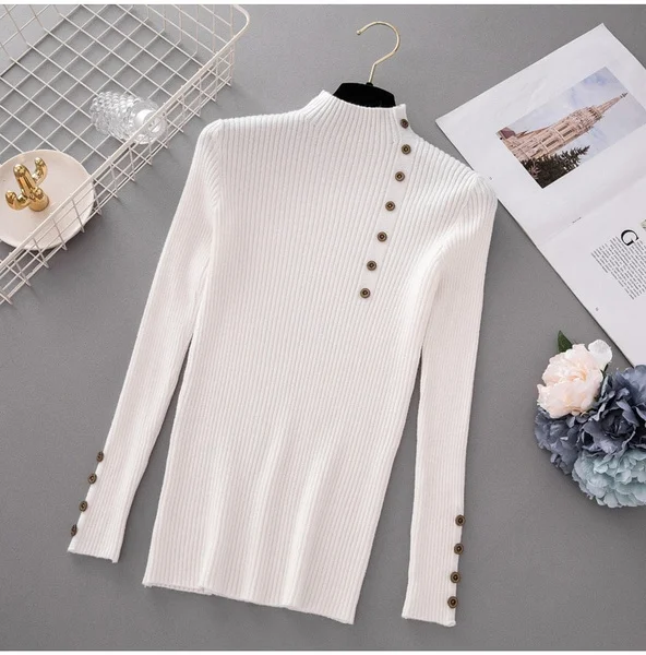 New Fashion Button Turtleneck Sweater Women Spring Autumn Solid Knitted Pullover Women Slim Soft Jumper Sweater Female Knit Tops
