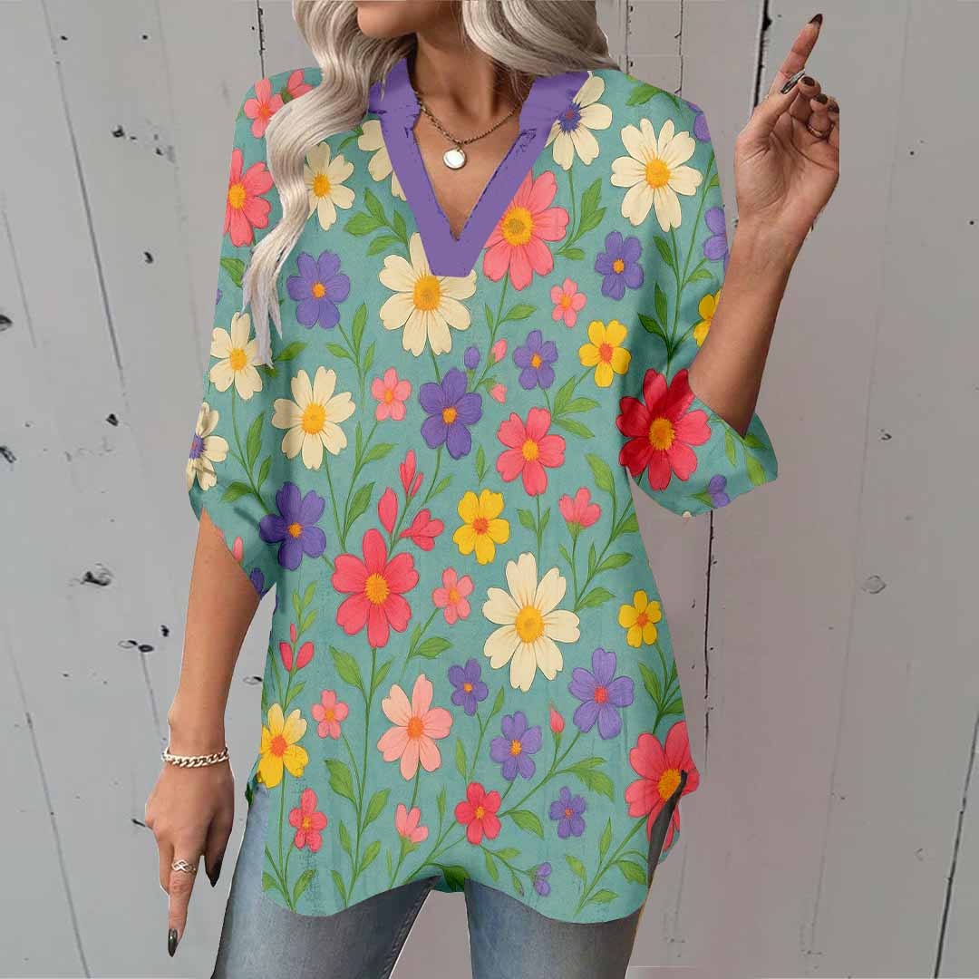 Women Floral, Green, Red DZGA0218 3/4 Sleeve V-neck Printed Graphic Button Tops