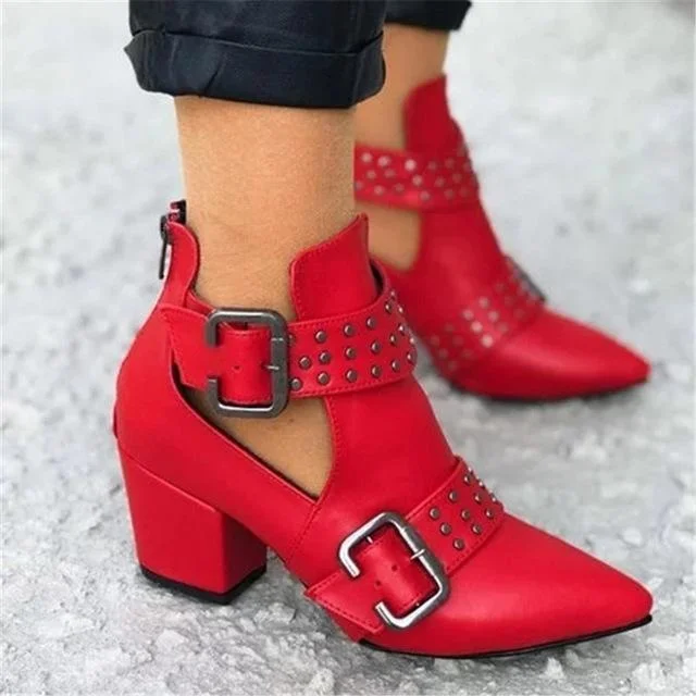 Women Cut Out Booties Rivet Buckle Strap Back Zipper Leather Stitch Ankle Casual Boots Female Shoes