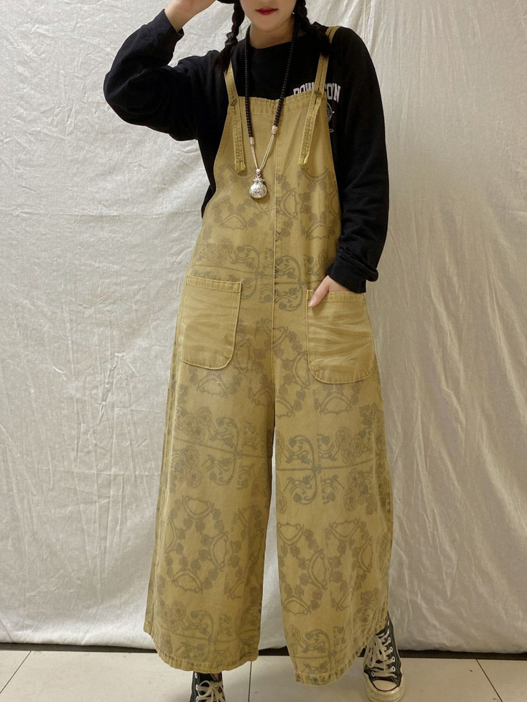 Women's Casual Retro Cropped Workwear Denim Overalls Jumpsuit