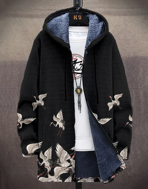 Men's Retro White Crane Art Print Hooded Trench Coat