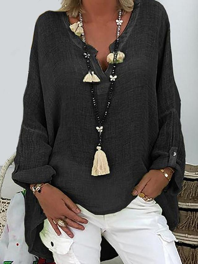 Women's Plus Size T shirt Solid Colored Long Sleeve V Neck Tops Loose Basic Top White Black Blushing Pink-806