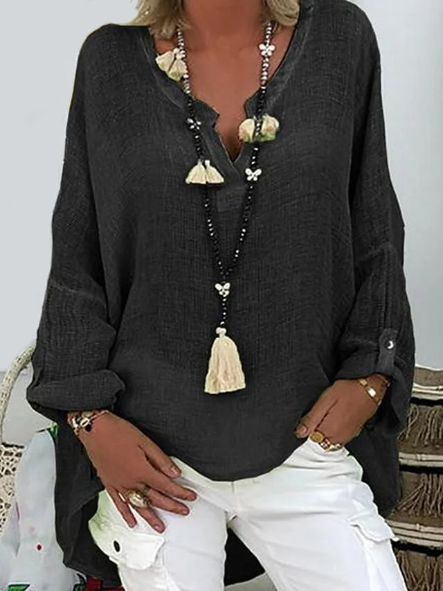 Women's Plus Size T shirt Solid Colored Long Sleeve V Neck Tops Loose Basic Top White Black Blushing Pink-806