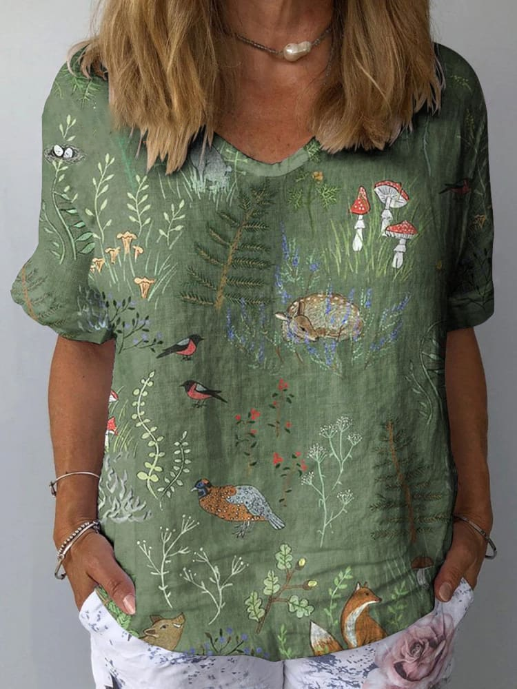 Womens Artistic Flower Pattern Cotton and Linen Short Sleeve Top