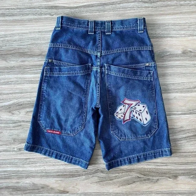 Nulclover fall outfits Hip Hop Retro Skull Embroidery JNCO Shorts Y2K Retro Denim Gym Baggy Jeans Shorts Black Pants High Waist Mens Basketball Short