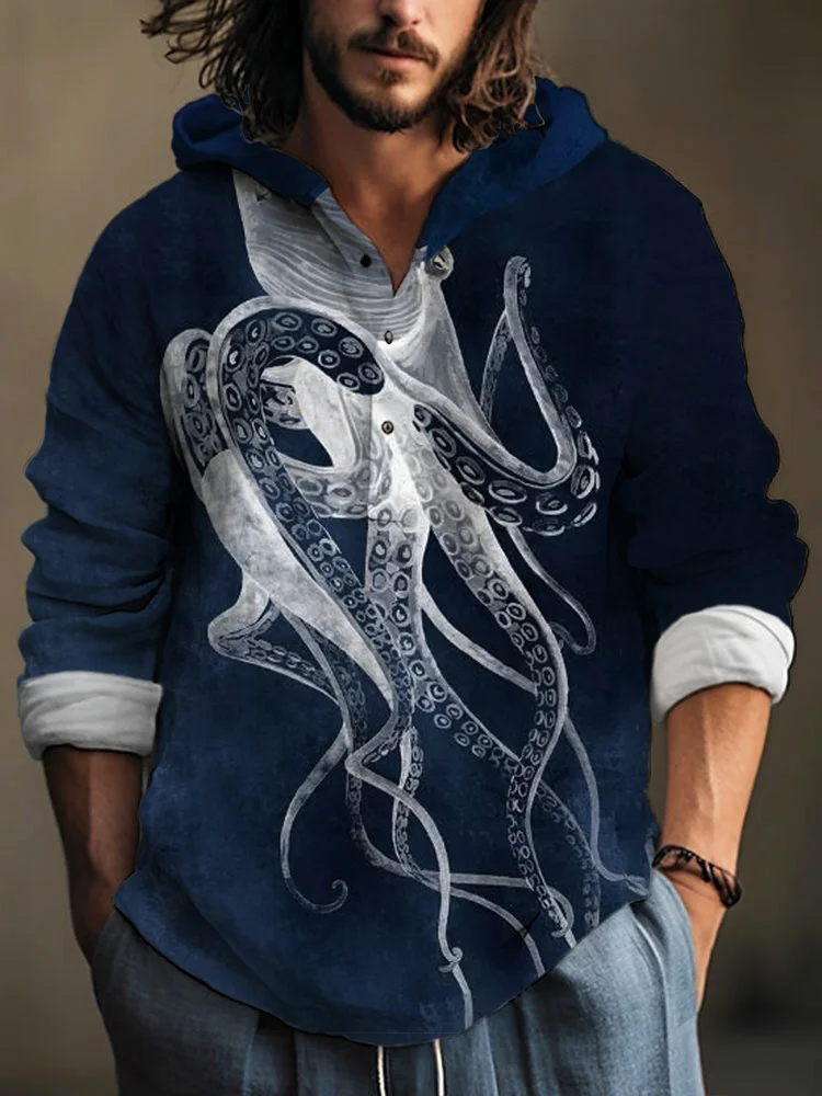 Reverse Color Octopus Men's Hooded Linen Shirt