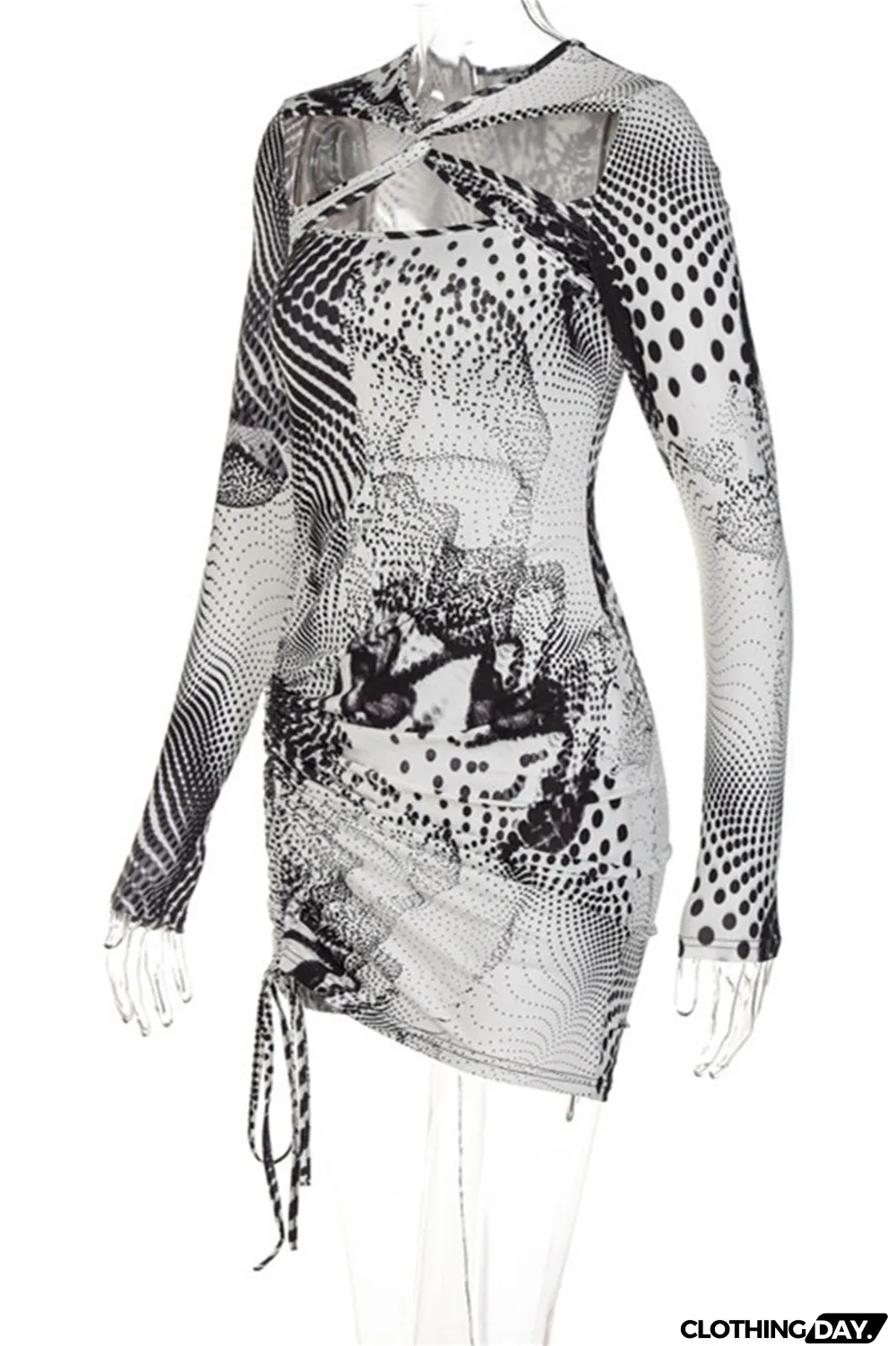 Black Fashion Sexy Print Hollowed Out O Neck Long Sleeve Dresses