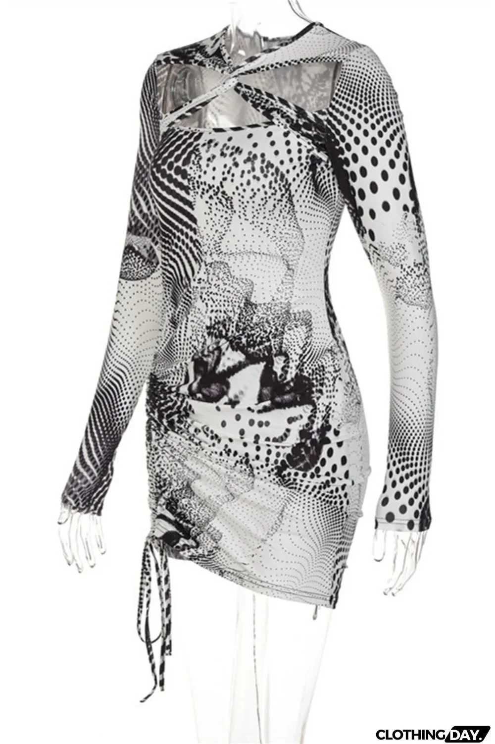 Black Fashion Sexy Print Hollowed Out O Neck Long Sleeve Dresses