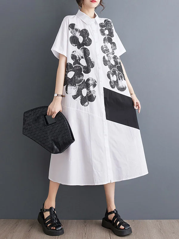 Flower Print Buttoned Asymmetric Short Sleeves Loose Lapel Shirt Dress Midi Dresses