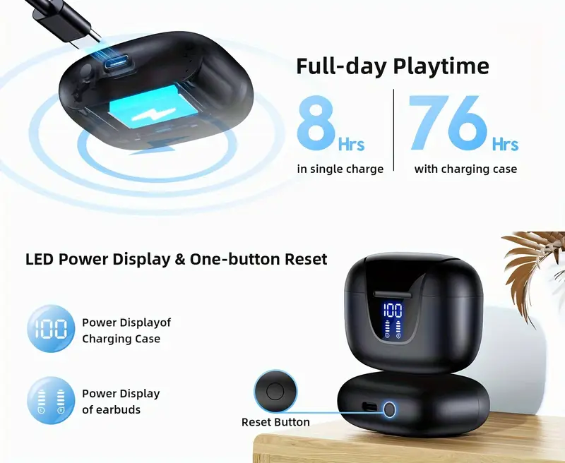 wireless earbuds bluetooth 5 3 earbuds 13mm speaker ultra long time type c fast charging case stereo bluetooth in ear headphones suitable for iphone and gaming earbuds with mic with display Product details 2