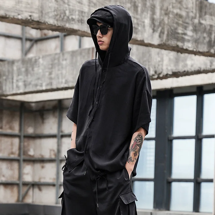 Dawfashion Techwear Streetwear-Darkwear Japanese Hooded Dropped Shoulder Shirts-Streetfashion-Darkwear-Techwear