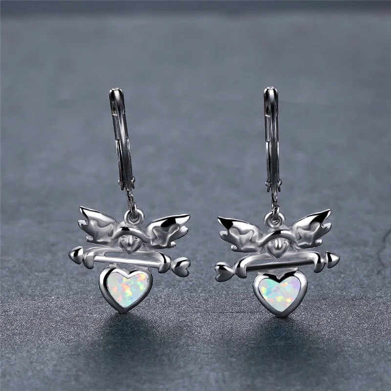 Cute Female Love Heart Angel Hoop Earrings White Blue Opal Stone Earrings Dainty Gold Silver Color Wedding Earrings For Women