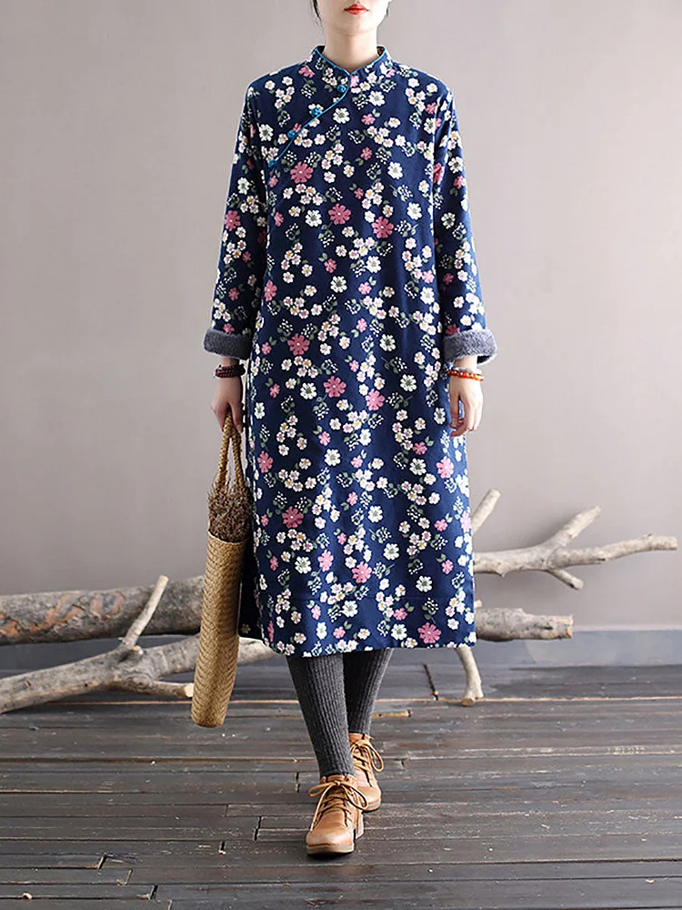 Women Winter Chinese Style Floral Print Frog Thick Dress
