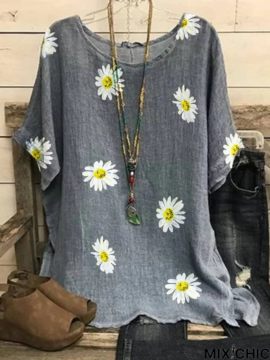 Gray Floral-Print Casual Crew Neck Cotton-Blend Tops