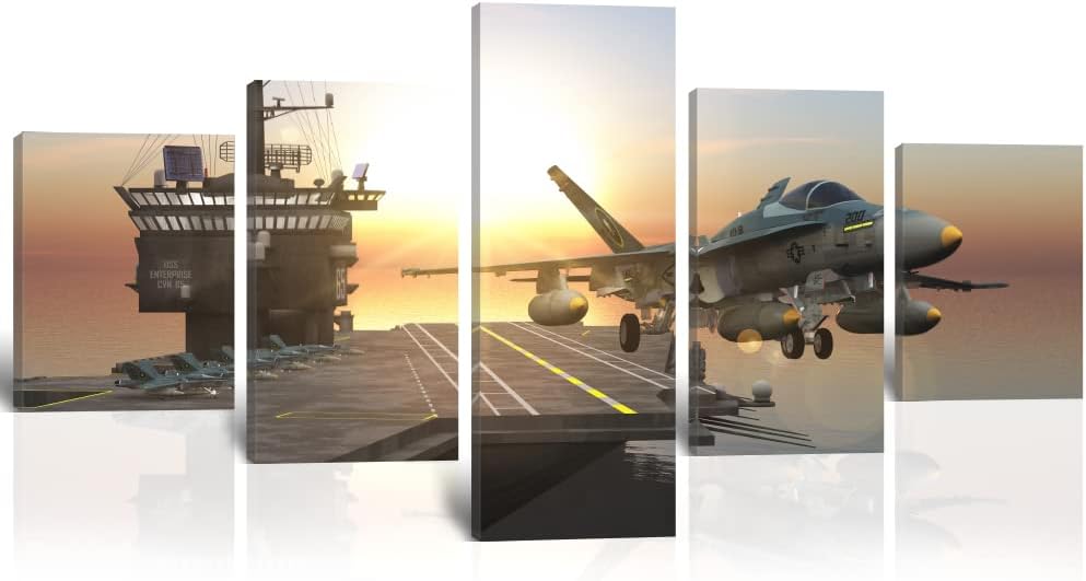 Wall HDQ American Aircraft Carrier Wall Art US Military Fighter Canvas Pictures Jet Fighter Airplane at Sunset Paintings Wall Art Modern Artwork for Bedroom Living Room Home Decor 50''W x 24''H 50&#039;&#039;W x 24&#039;&#039;H