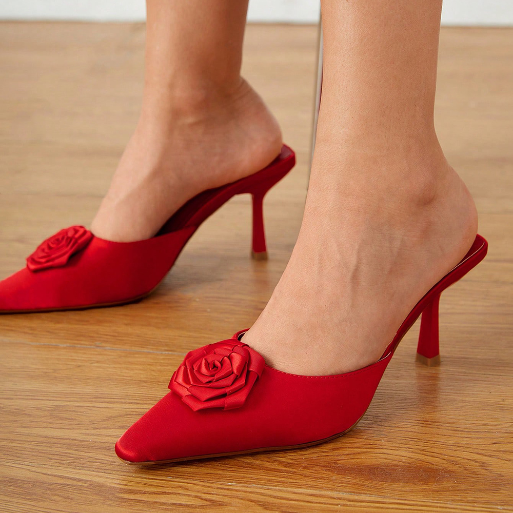 Red Closed Toe 3‘’ Stiletto Heel Mules with Rose Nicepairs