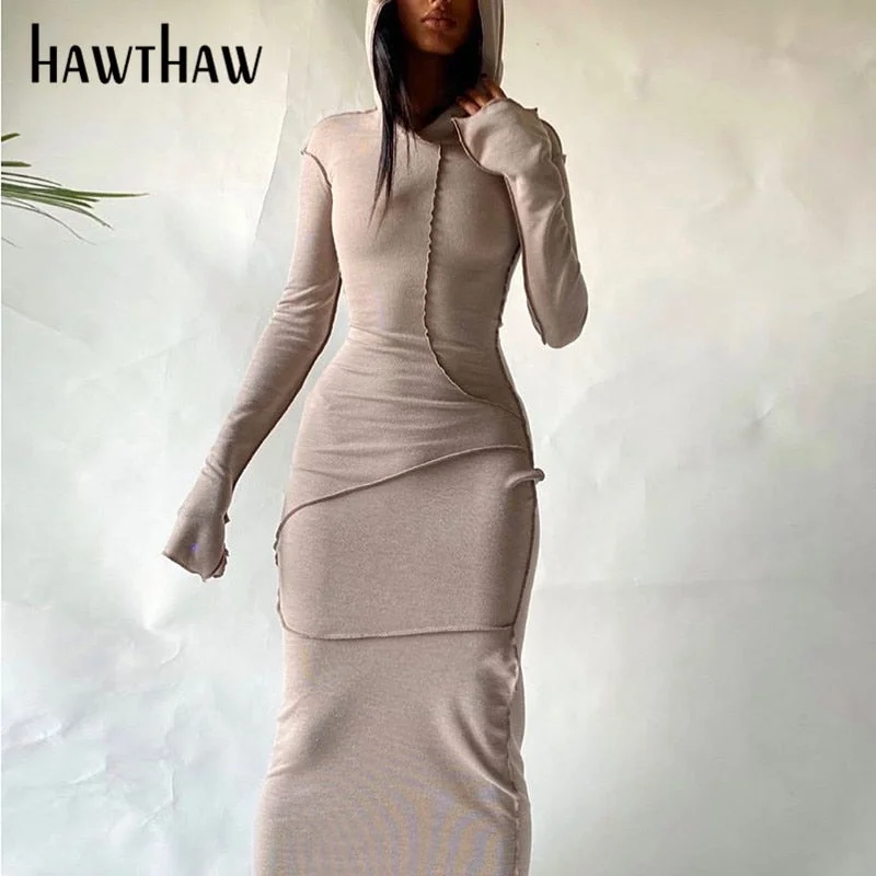 Hawthaw Fashion Women Autumn Winter Long Sleeve Patchwork Bodycon Soild Color Female Pencil Dress 2021 Fall Clothes Streetwear