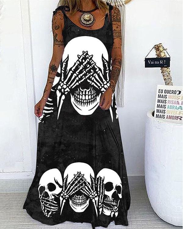 Creative Skull Print Lace up Spaghetti-Strap Maxi Dress - Chicaggo