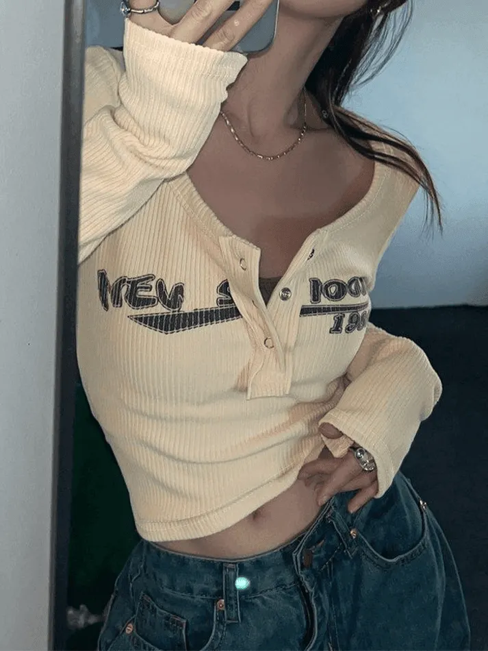 Brownm Y2K Long Sleeve Ribbed Knit Crop Top