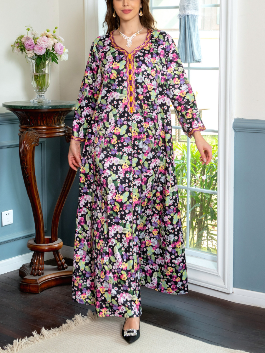 Ditsy Floral Print V Neck Long Sleeve Kaftan Dress | Oxredo Shop Ramadan Sale