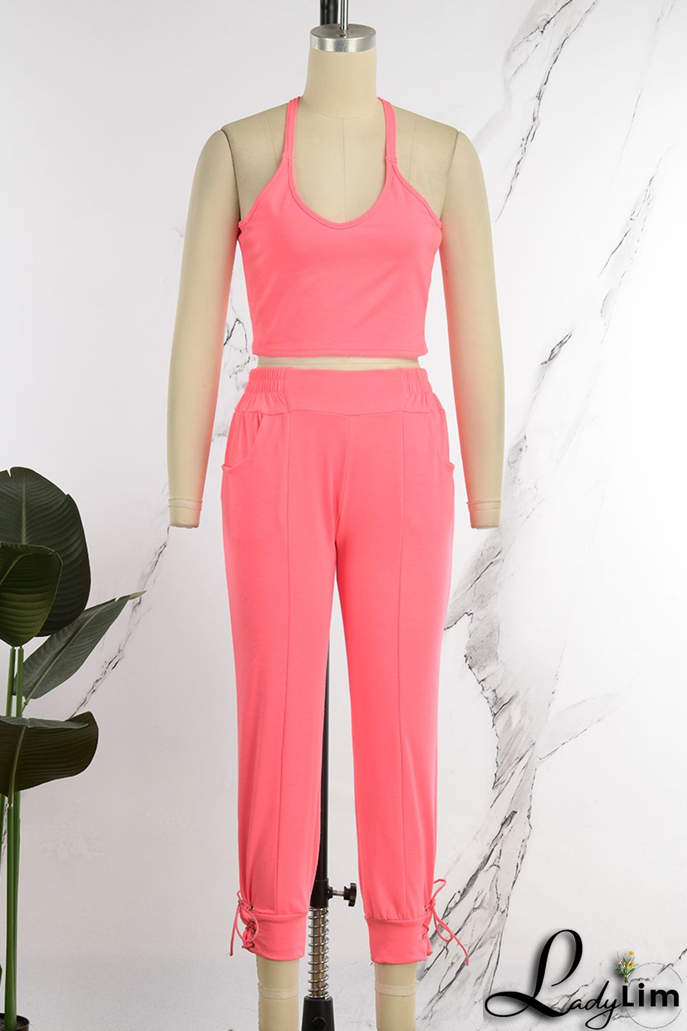 Yellow Casual Sportswear Simplicity Solid Bandage Vests Spaghetti Strap Sleeveless Two Pieces