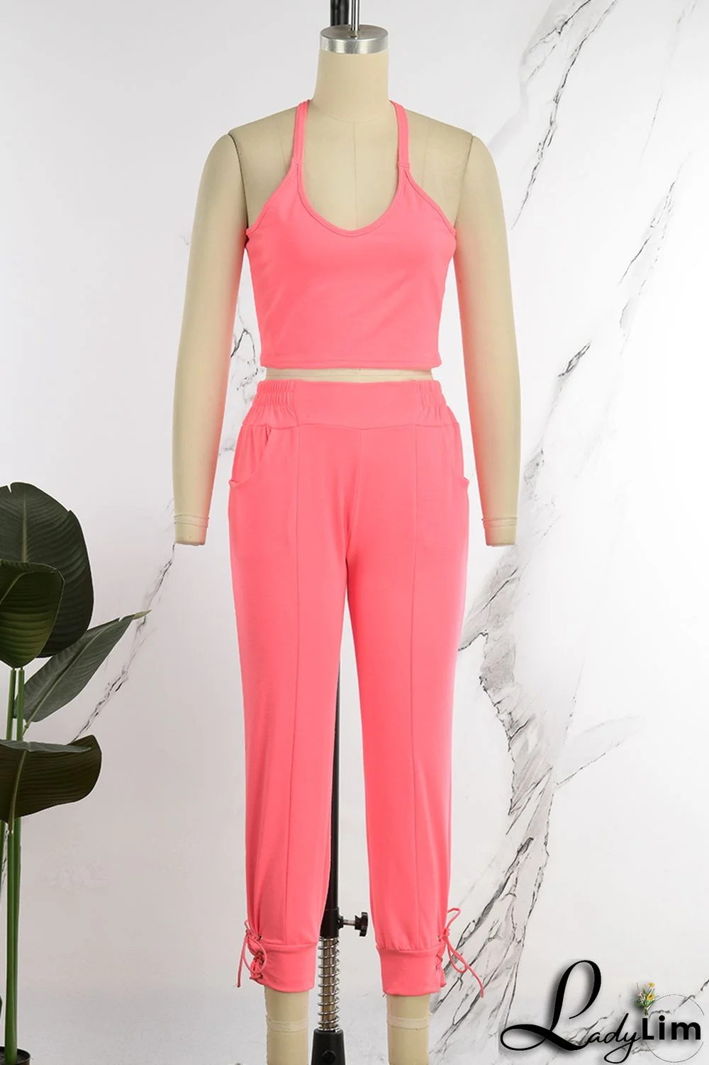 Yellow Casual Sportswear Simplicity Solid Bandage Vests Spaghetti Strap Sleeveless Two Pieces