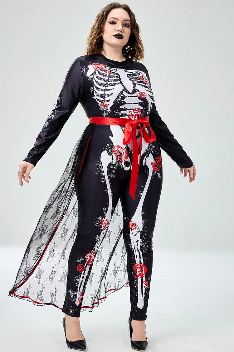 Xpluswear Design Plus Size Halloween Costume Black Gothic Skeleton Print Sleeveless Knitted Jumpsuit（Ships 24h）