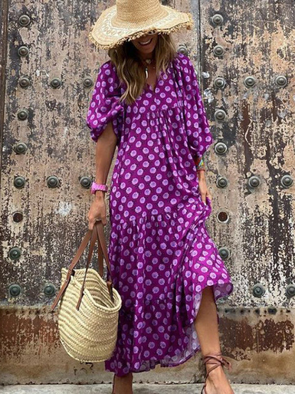 Women's Puff Sleeve V-neck Bohemia Graphic Maxi Dress