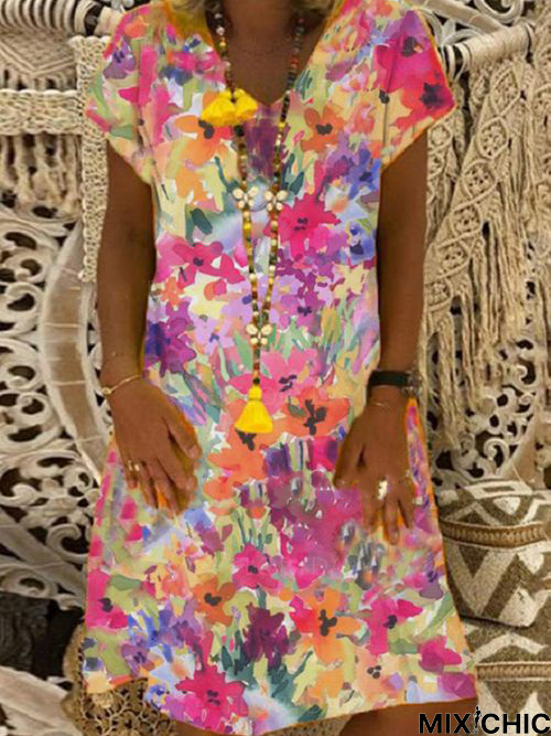 Floral V Neck Loosen Short Sleeve Woven Dress