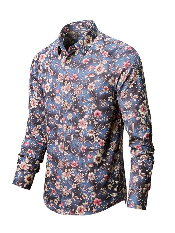 Men's Casual Flower Shirt Fashion Printing Slim Lapel Long-sleeved Shirt