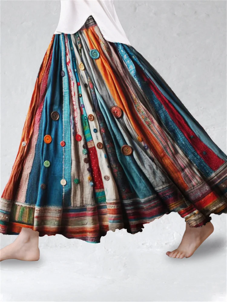 Boho Colorful Textile Flowy Linen Blend Wide Skirt