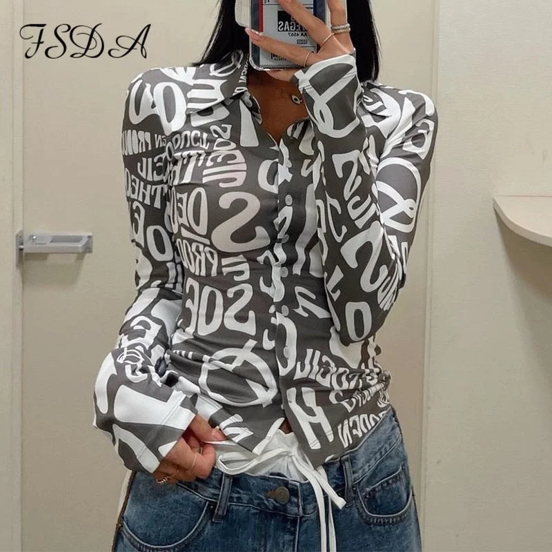 Letter Print Long Sleeve T Shirts Blue Sexy Women V Neck Black Autumn Summer Casual Crop Tops Fashion 2022