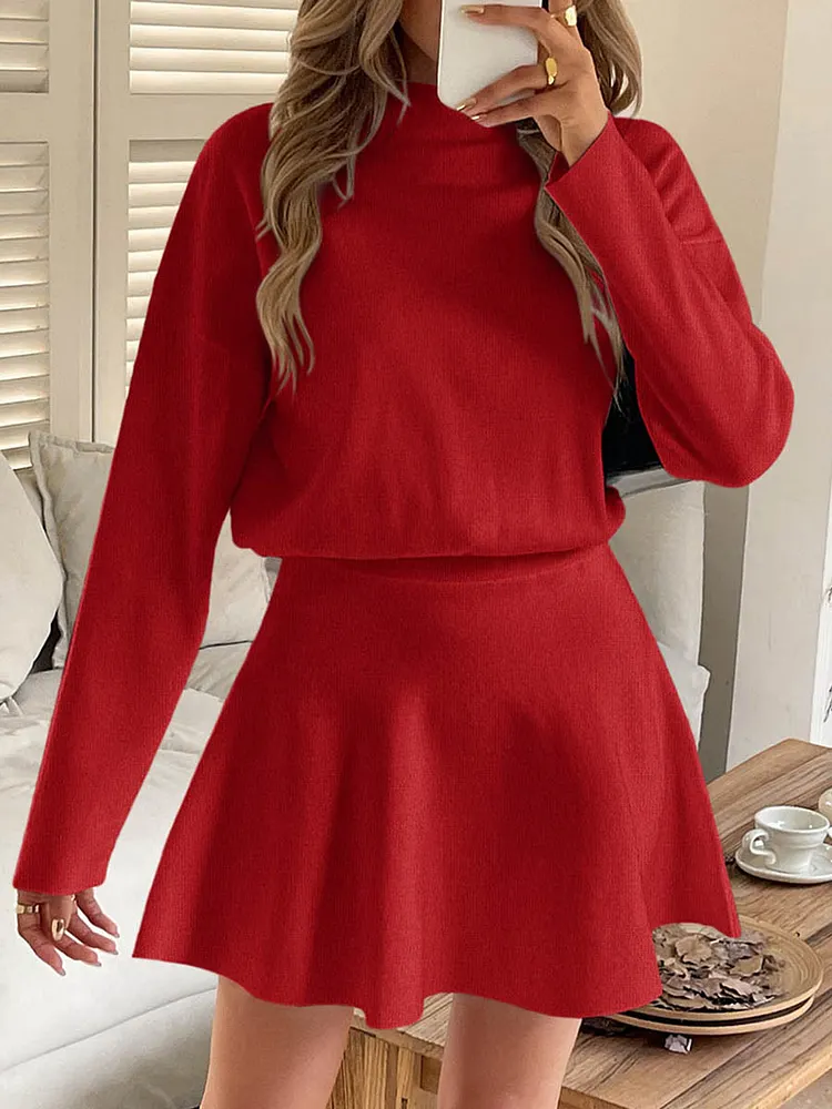 Elasticity Solid Color A-line High Waisted Round-neck Sweater Dresses Mini Dresses