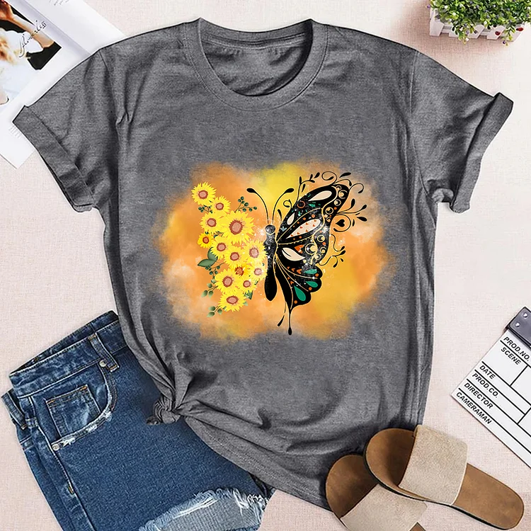 Flowers and Butterfly Creative Theme Neck T-shirt