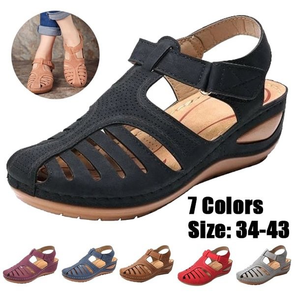 TeeYours Womens Casual Sandals Leather Retro Style Buckle Shoes Summer Ladies Wedges Shoes Flat Sandals EU34-43 - Shop Trendy Women's Fashion | TeeYours