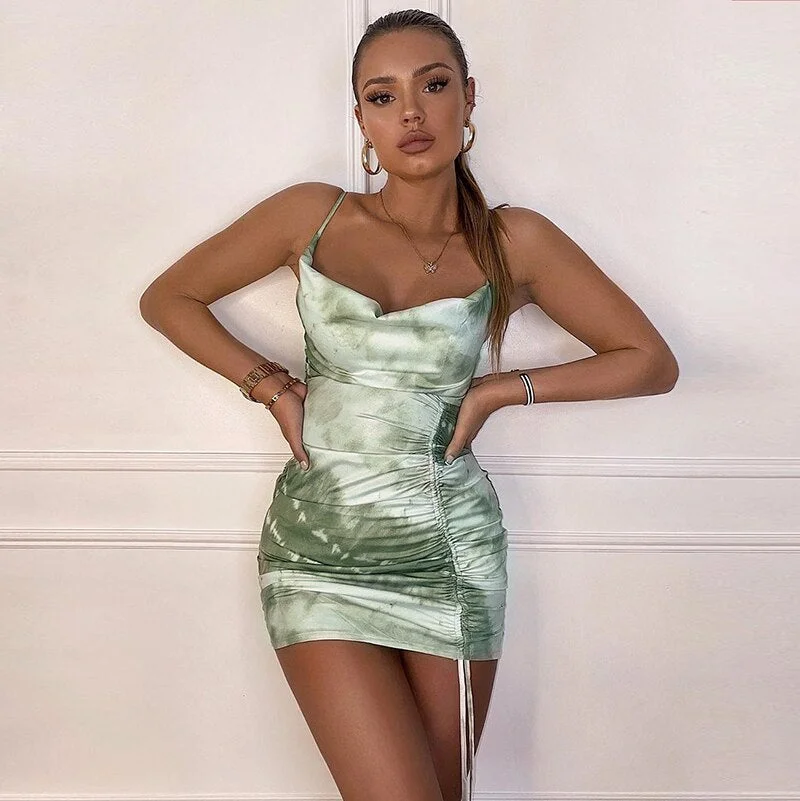 Hugcitar 2020 sleeveless ruched bandage tie dye print sexy mini dress summer women fashion streetwear outfits sundress