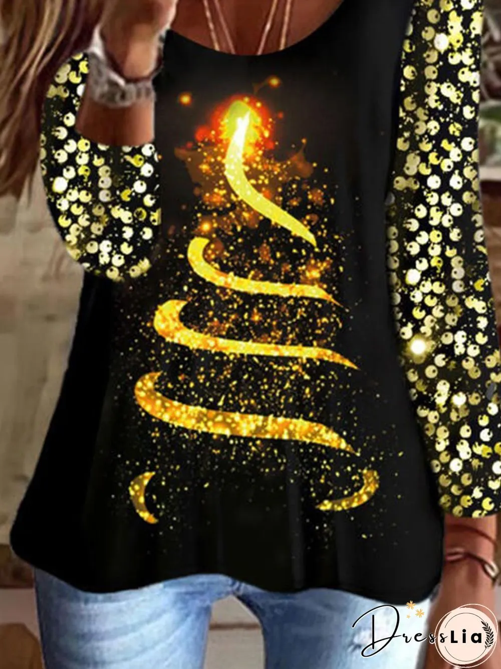 V Neck Printed Long Sleeve Loosen Tops