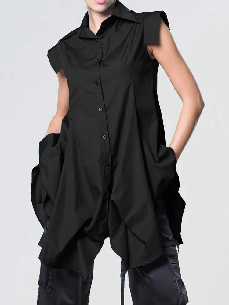 Fashion Plain Lapel Collar Cap Sleeve Button Asymmetrical Shirt