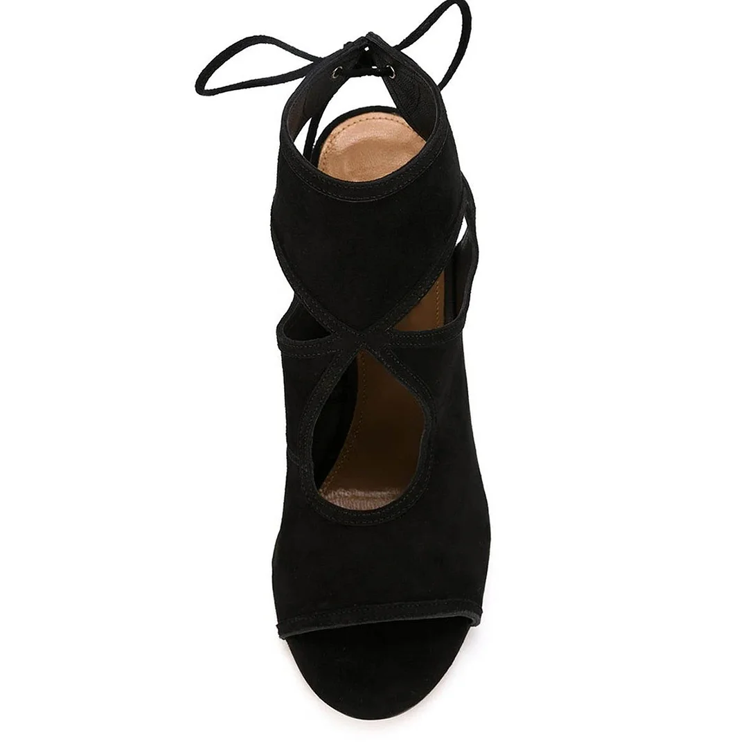 Black Vegan Suede Open Toe Cut Out Slingback Stiletto Heeled Sandals