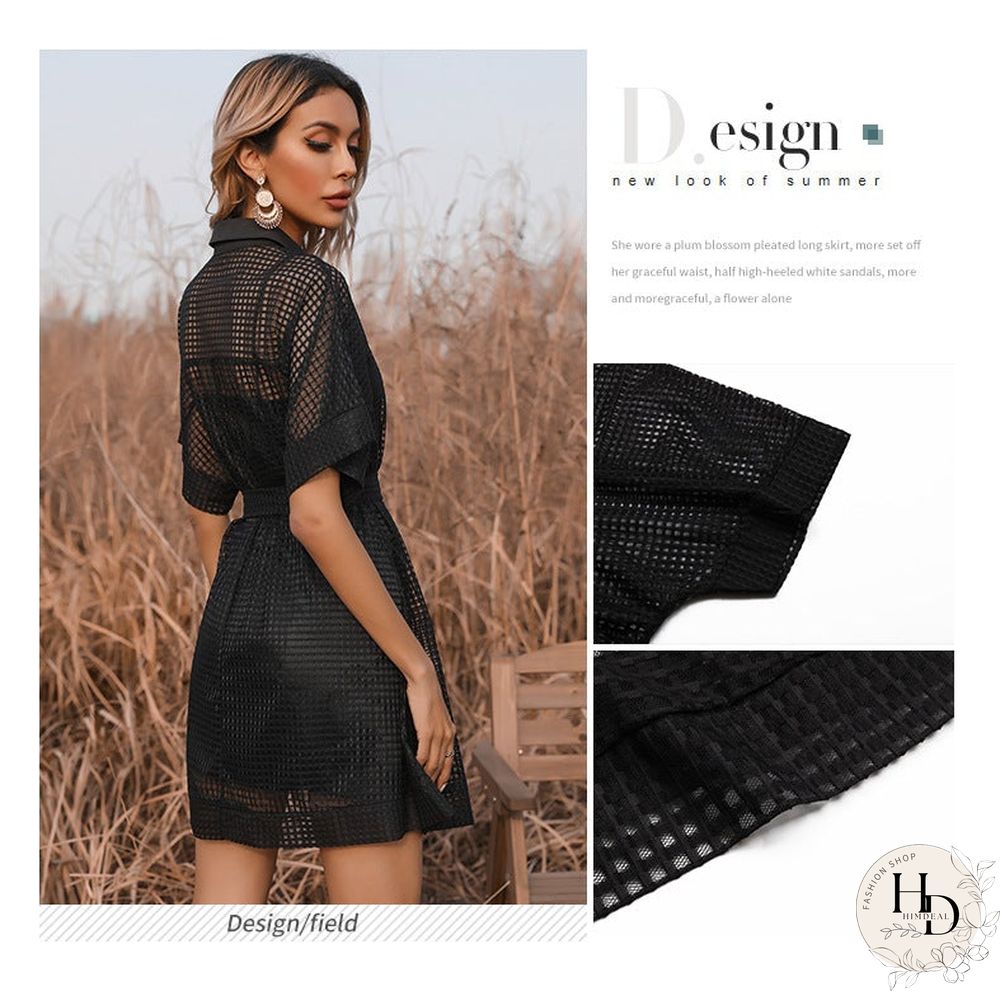 New Fashion Lace-up Black Mesh Perspective Dress Black Dresses