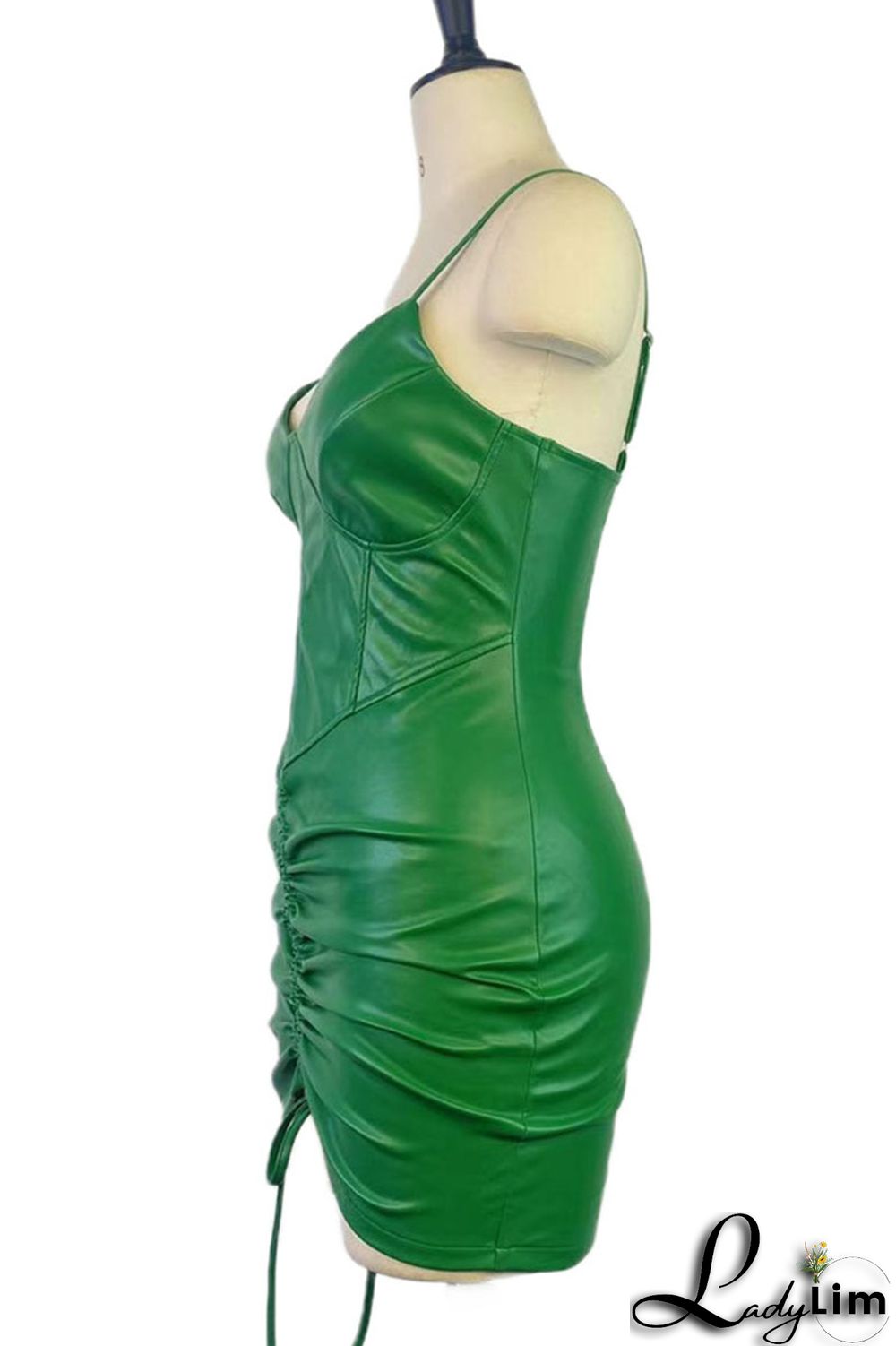 Dark Khaki Sexy Solid Patchwork Draw String Fold Spaghetti Strap One Step Skirt Dresses