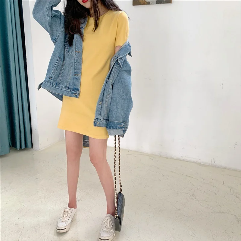 Pongl Pongl Summer New Korean Version Slim Solid Color Short-Sleeved T-Shirt Women Long Dress Women's Clothes