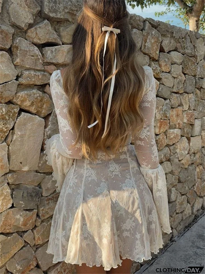 Flared Sleeve Ruffle Sexy Lace Dress for Ladies