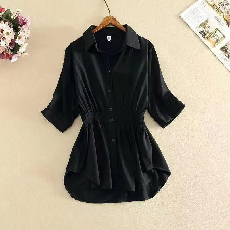 Uveng Uveng Large-Size Collar Loose Shirt Women 2025 Summer New Waist Thin Temperament Design Shirt Woman