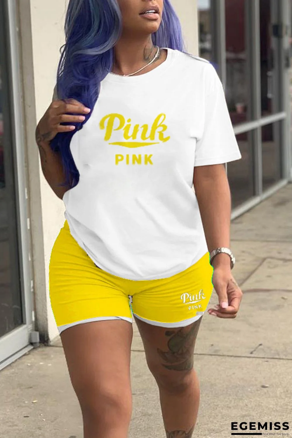 Yellow Casual Print Patchwork O Neck Short Sleeve Two Pieces | EGEMISS