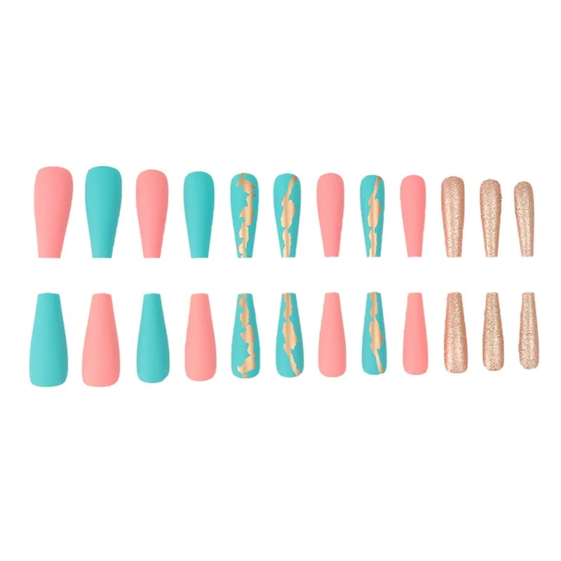 24pc Glitter Fake Nails Long Coffin Mixed Pink Blue Foils False Nails Fingernail DIY Ballerina Nail Decal Art Tips Press On Nail