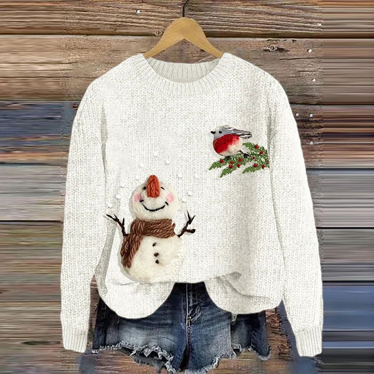 Christmas Snowman And Robin In Winter Embroidery Art Cozy Sweater